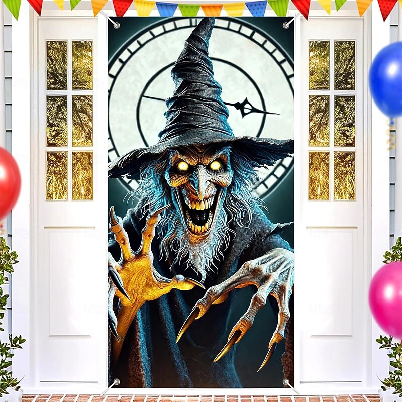 Halloween Door Cover Outdoor Banners Skeleton Witch 3D Psychedelic Dark Punk Gothic Style Party Outdoor Shooting Backgrounds Front Door Wall Porch Home Decor