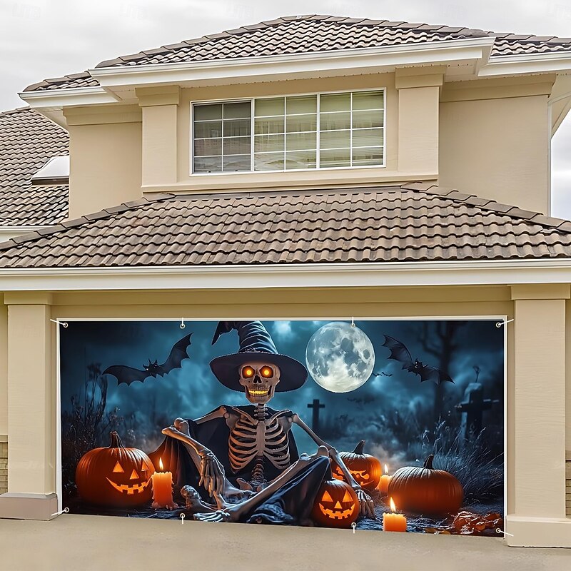 Halloween Tapestry Garage Door Cover Large Hanging Backdrop Skeleton Pumpkin Bat Fantasy Psychedelic Party Outdoor Shooting Backgrounds Front Door Home Decor2
