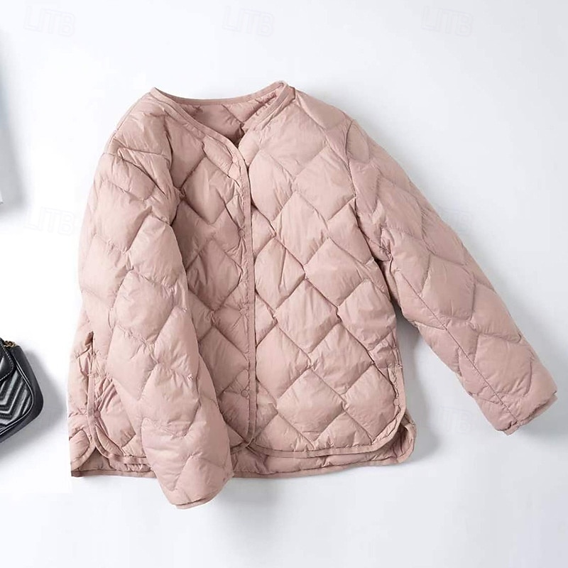 Women's Down Jacket Warm Comfortable Buttons Casual Plain Holiday Casual Daily Weekend Single Breasted Regular V Neck Regular Fit Long Sleeve Outerwear Pink Dark Green Khaki Fall Winter3