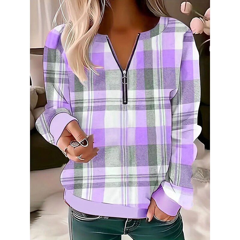 Women's Pullover Sweatshirt Zip Up Sweatshirts Graphic Geometric Plaid Fashion Casual Long Sleeve Crew Neck Regular Tops Street Dailywear Zipper Print Pink Blue Purple Green Gray Fall Winter4