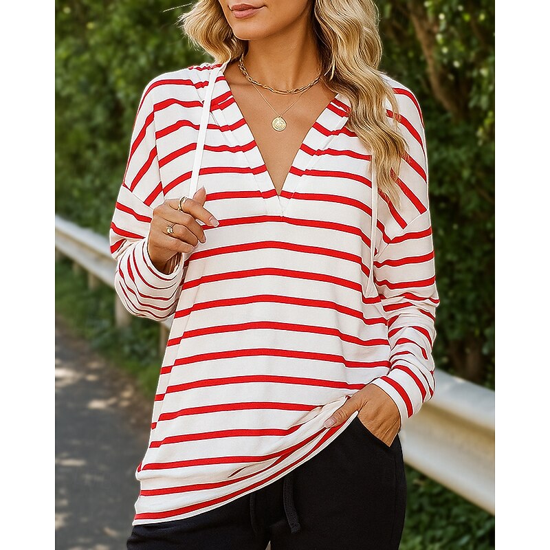 Women's Pullover Sweatshirt Hoodie Trackshirt Drawstring Long Sleeve Top Athleisure Fall V Neck Stripes Breathable Workout Outdoor Training Sportswear Activewear Black White Pink