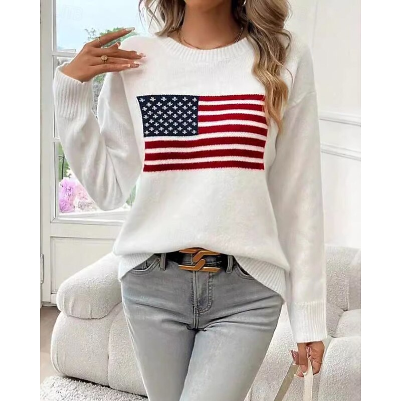 Women's Sweater Pullover Casual Star Striped Ribbed Crew Neck Knitted Print Long Sleeve Regular Tops Knit Outdoor Holiday Weekend White Gray Winter4