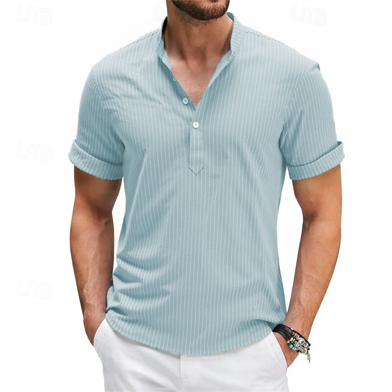 Men's Shirt Popover Shirt Summer Shirt Casual Shirt Beach Shirt White Light Green Pink Navy Blue Sky Blue Short Sleeve Stripes Band Collar Vacation Hawaiian Clothing Apparel Cotton Blend Fashion4