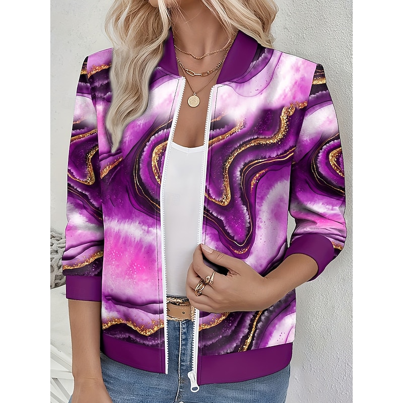 Women's Casual Jacket Warm Quick Dry Zipper Pocket Fashion Daily Casual Abstract Vacation Casual Daily Regular Baseball Collar Regular Fit Long Sleeve Outerwear Red Blue Purple Spring Fall