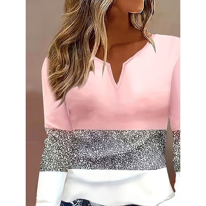 Women's T Shirt Graphic Geometric Color Block Vintage Stylish Classic Long Sleeve V Neck Notched Neck Regular Tops Daily Weekend Print Pink Spring Fall Winter2