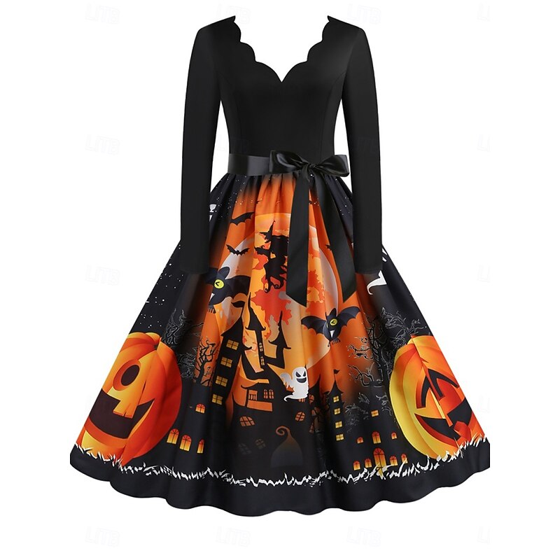 Halloween Women's Pumpkin Print Midi Dress A Line Dress Casual Daily Holiday Regular Fit Pumpkin Long Sleeve V Neck Yellow Blue Purple Orange Summer Spring Fall