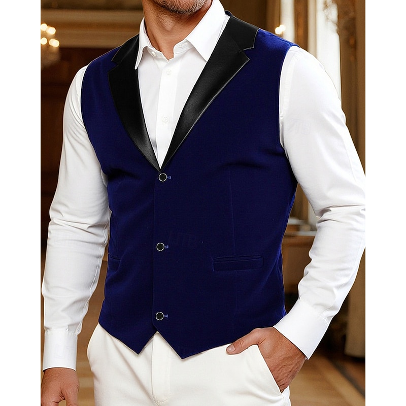 Men's Vest Waistcoat Gilet Vacation Party Business Fashion Casual Spring Fall Pocket Buttons Polyester Comfortable Plain Single Breasted One-button Lapel Regular Fit Blue Vest