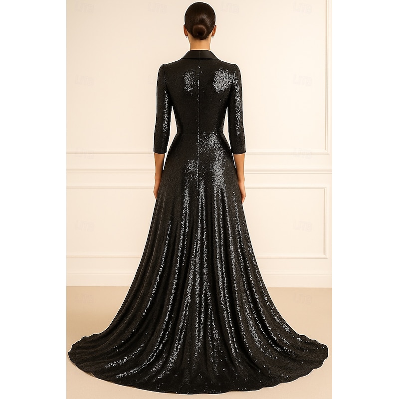 Tuxedo Dress A-Line Formal Wedding Wedding Guest Sequin Glitter Elegant 3/4 Sleeve Pleated Floor Length Notched Lapels4