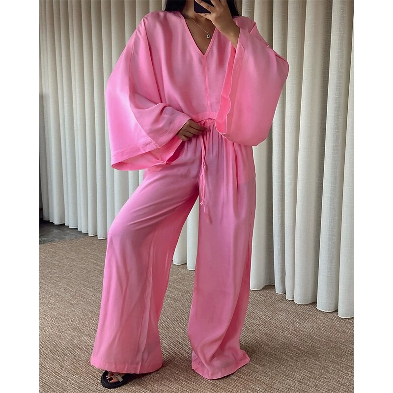 Women's Active Fashion Pants Sets Long Sleeve V Neck Solid Color Patchwork Vacation Casual Daily Black White Pink Summer Regular Fit2