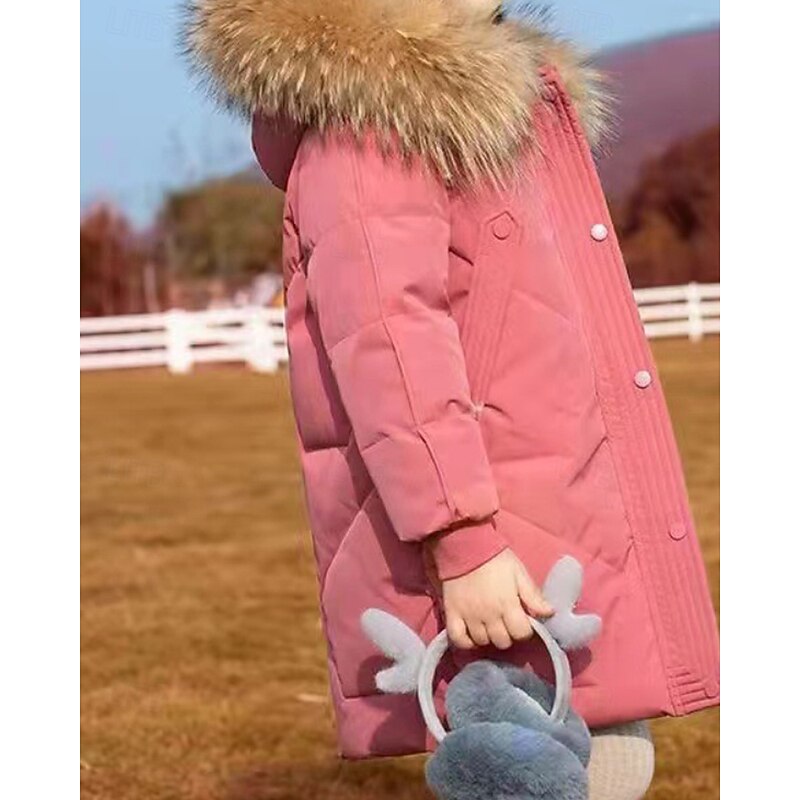 Kids Girls' Down Coat Solid Color Fashion Fur Trim Zipper Pocket School Coat Outerwear 4-12 Years Winter Black Pink Red2