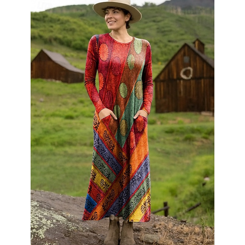 Women's Maxi Dress T Shirt Dress Tee Dress Casual Daily Going out Regular Fit Graphic Geometric Long Sleeve Crew Neck Red Light Brown Orange Brown Summer Spring Fall