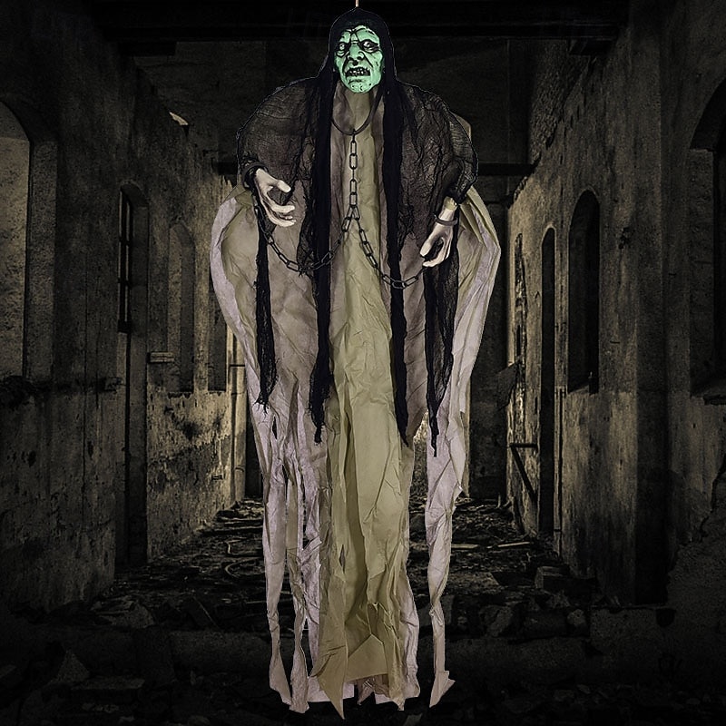 Haunted House Ghost Decoration, Glowing Eyes, Green Head, Gray Clothes - Halloween Party Prop3
