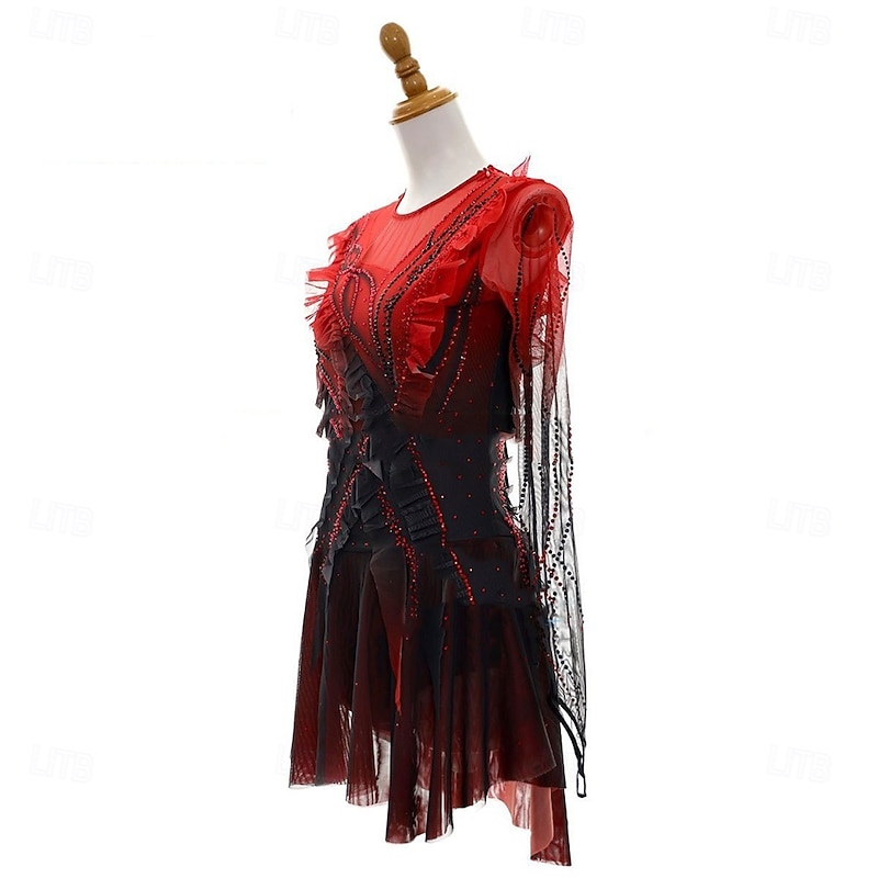 Figure Skating Dress Women's Girls' Ice Skating Dress Black+Red Open Back Asymmetric Hem Mesh High Elasticity Training Competition Skating Wear Classic Crystal / Rhinestone Long Sleeve Ice Skating Figure2
