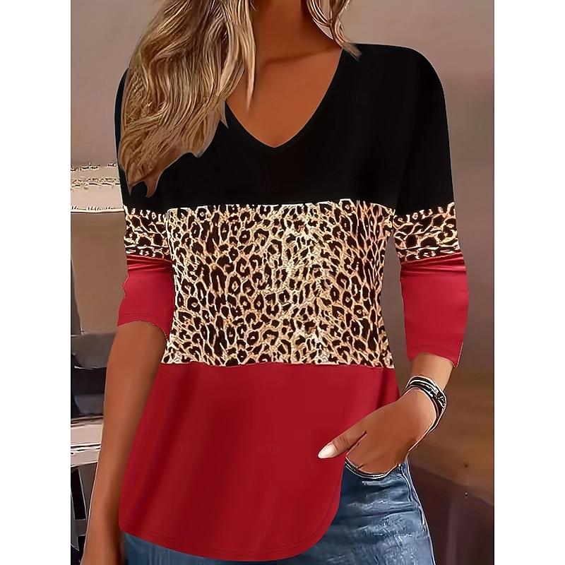 Women's T Shirt Graphic Leopard Color Block Vintage Stylish Classic Long Sleeve V Neck Regular Tops Daily Print Red Blue Purple Green Gray Spring Fall Winter - Main Image