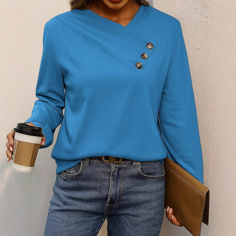 Women's Blouse Solid Color Elegant Vintage Tropical Long Sleeve V Neck Regular Tops Work Daily Holiday Asymmetric dark brown Black Blue Apricot Spring Fall2