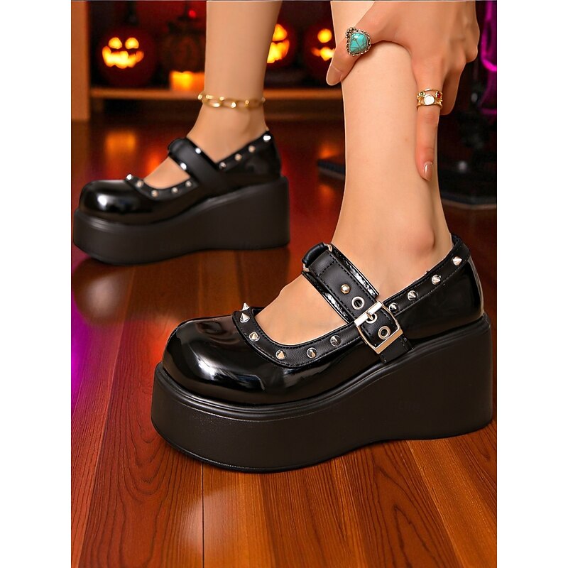 Women's Black Platform Mary Jane Shoes with Studded Straps – Gothic Punk Chunky Heels for Halloween, Cosplay and Alternative Fashion Outfits3