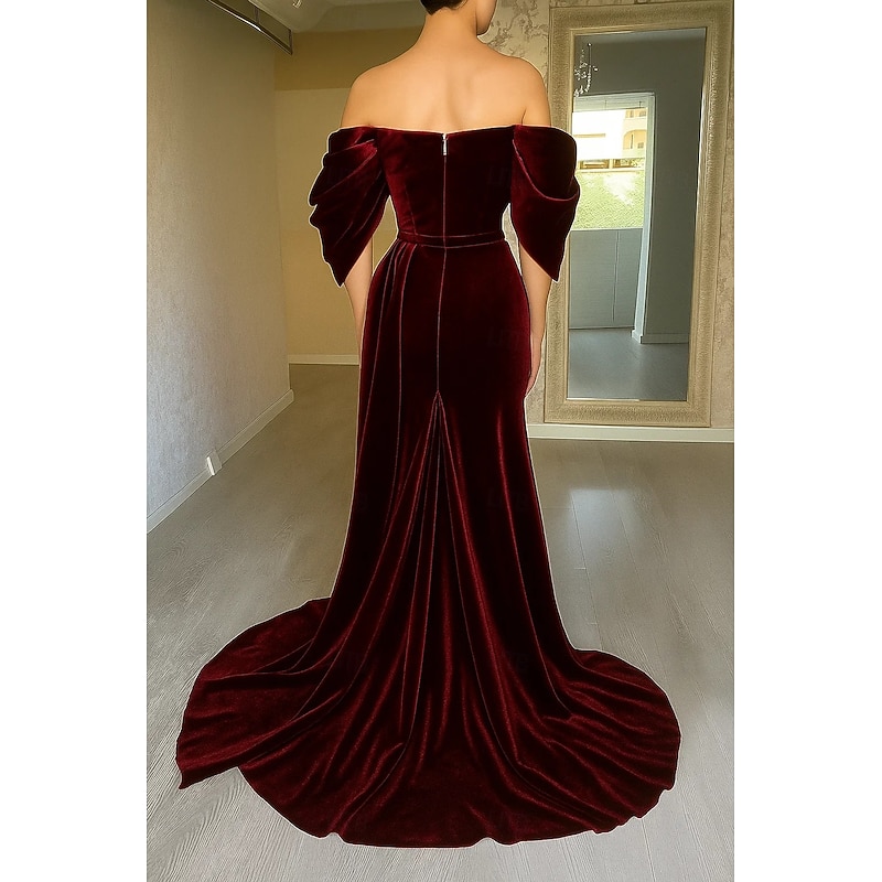 Burgundy Stretch Velvet Evening Gown Elegant Dress Formal Wedding Sweep / Brush Train Sleeveless Off Shoulder Sequined with Pleats 20252