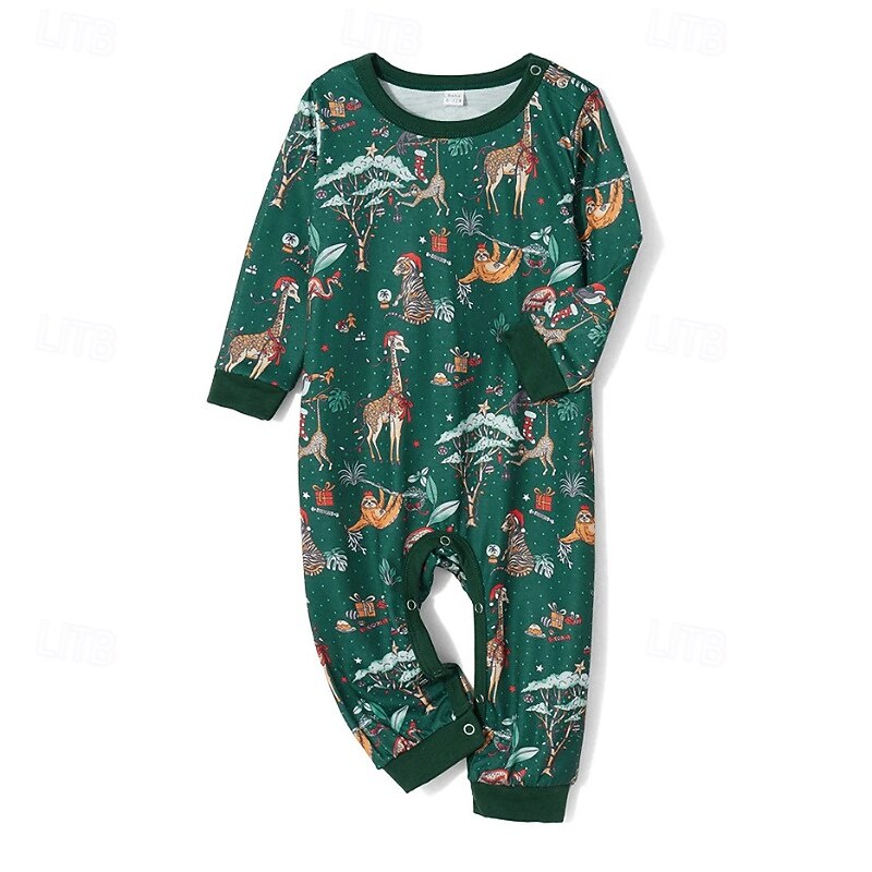 Family Pajamas Christmas Pattern Home Print Dark Green Long Sleeve Active Matching Outfits3
