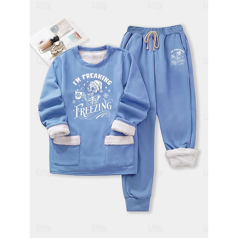 Women's Warm Daily Two Piece Sets Tracksuit Pants Sets Long Sleeve Crew Neck Graphic Geometric Letter Drawstring Print Casual Daily Black Pink Blue Fall Regular Fit