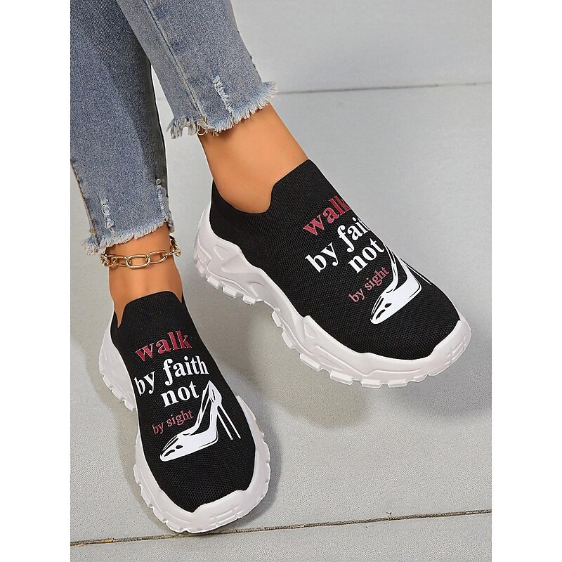 Women's Black Flyknit Slip-On Sneakers with Chunky White Sole and Inspirational "Walk by Faith Not by Sight" Print – Casual Comfort Shoes for Daily Wear and Walking3