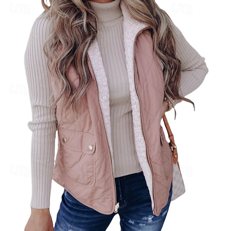 Women's Vest Warm Comfortable Patchwork Zipper Pocket Casual Plain Street Casual Daily Zipper Regular Turndown Regular Fit Sleeveless Outerwear Black Pink Wine Fall Winter2