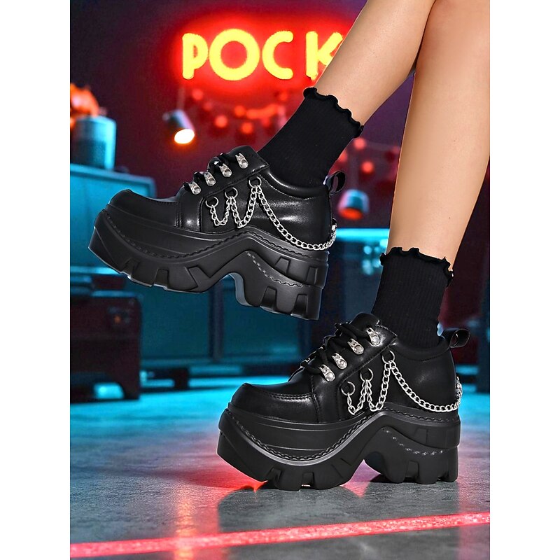 Women's Gothic Halloween Chunky Platform Sneakers with Metal Chains - Punk Edgy Black Lace-Up Shoes for Spooky Party, Alternative Streetwear and Nightlife Looks3
