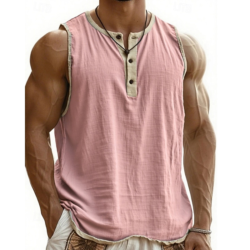 Men's Tank Top Vest Top Undershirt Sleeveless Shirt Sleeveless Henley Summer Plain Fashion Designer Basic Buttons Vacation Street Going out Black Pink Navy Blue Top Tee for Men