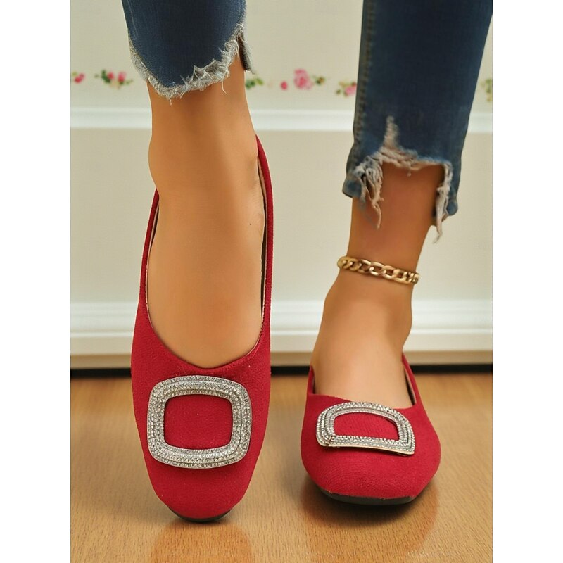 Women's Red Rhinestone Buckle Ballet Flats - Elegant Round Toe Slip-On Shoes for Offic,Daily Wear and Afternoon Tea Parties2