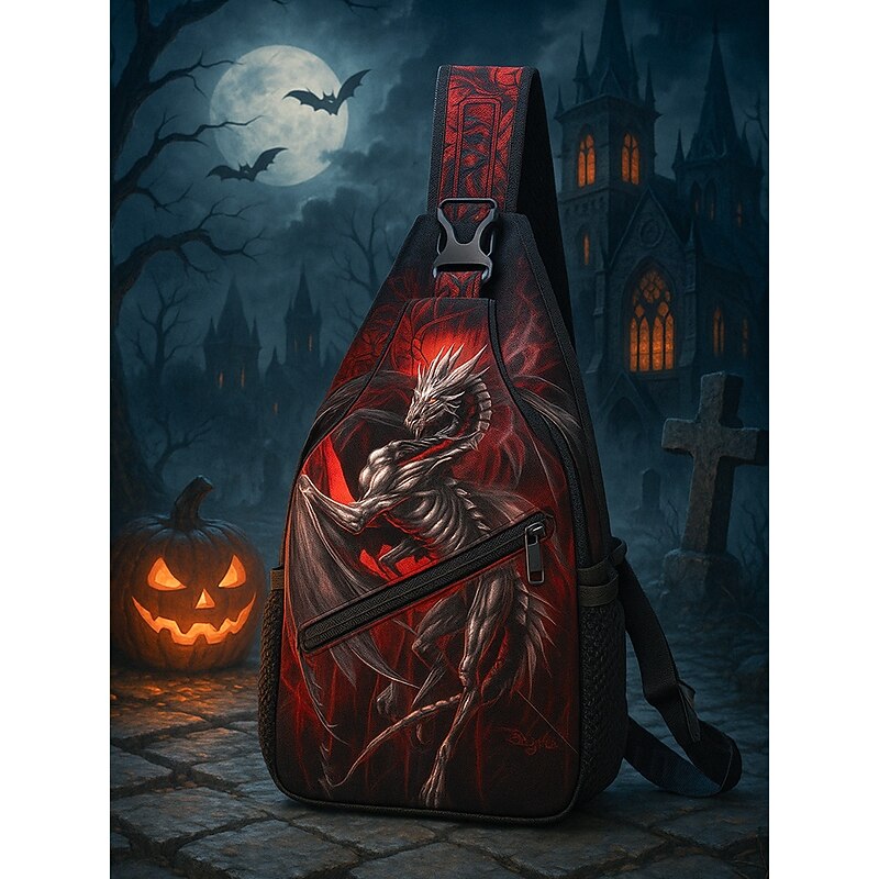 Men's Halloween Dragon Print Sling Bag By Ruth Thompson– Gothic Style Crossbody Shoulder Backpack with Large Capacity, Adjustable Strap, and Multiple Pockets for Festivals, Travel and Everyday Use2