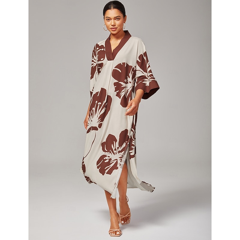 Women Female Casual Dress Brown Short Sleeves 3/4 Sleeve Floral Summer Spring All Seasons V Neck Modern XS S M