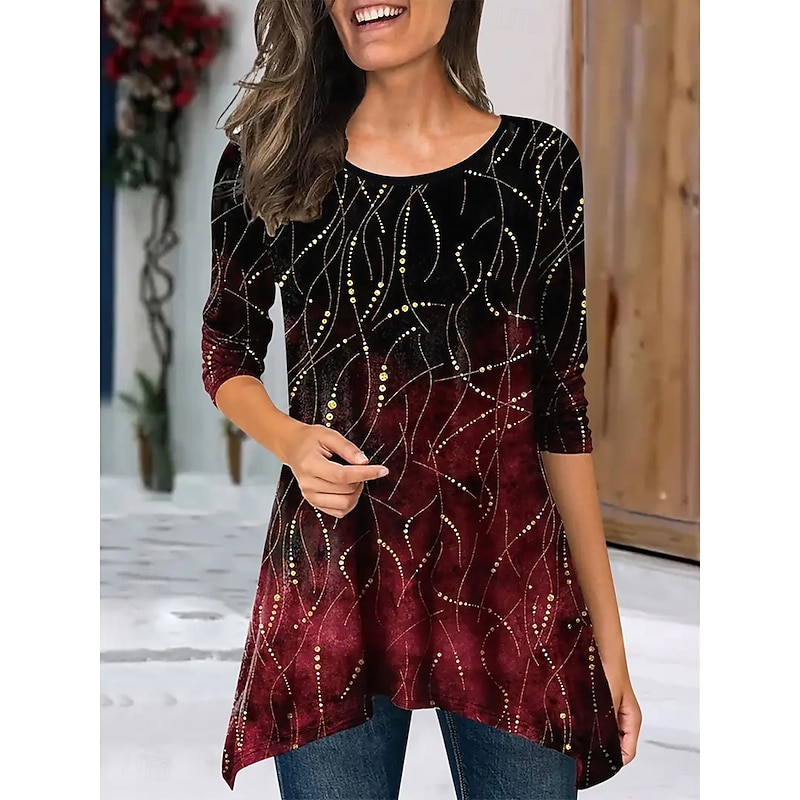 Women's Tunic Ombre Graphic Abstract Elegant Vintage Fashion Long Sleeve Crew Neck Round Neck Long Tops Daily Weekend Print Red Blue Purple Green Spring Fall Winter
