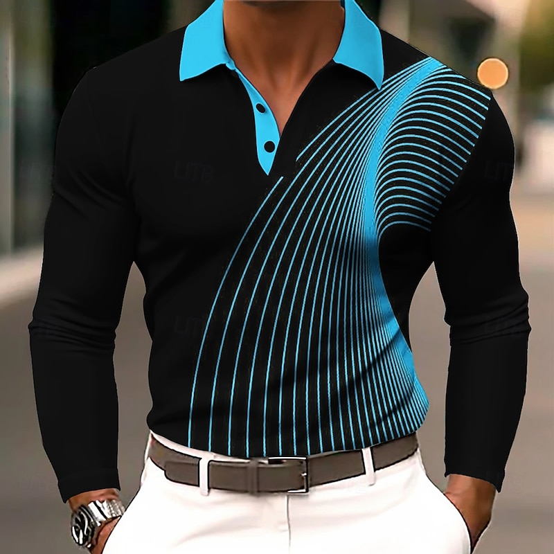 Men's Geometic Line Polo Long Sleeve Polo Shirts Lapel Business Casual Athleisure Daily Wear 3D Print Buttons Spring Fall Winter Black Blue Orange2