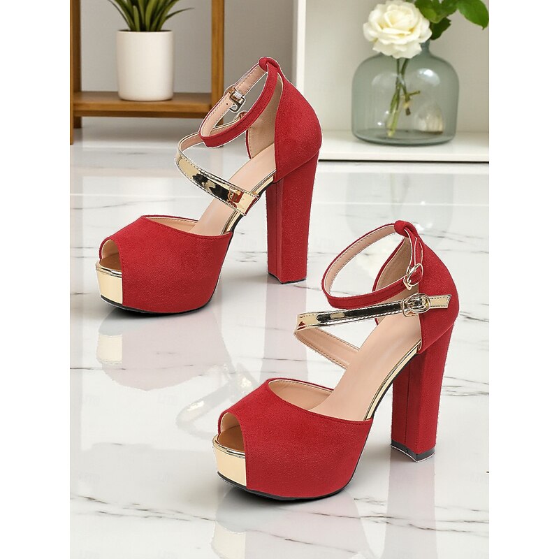 Women's Red Suede Platform Block Heel Sandals - Peep Toe Ankle Strap High Heels for Nightlife Parties and Evening Clubwear4