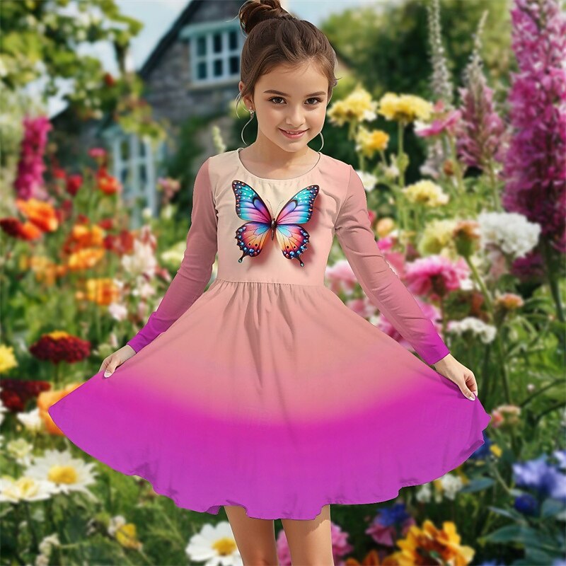 Girls' 3D Butterfly Dress Long Sleeve Summer Spring Vacation Daily Holiday Princess Beautiful Sweet Kids 4-12 Years Casual Dress A Line Dress Knee-length Regular Fit2