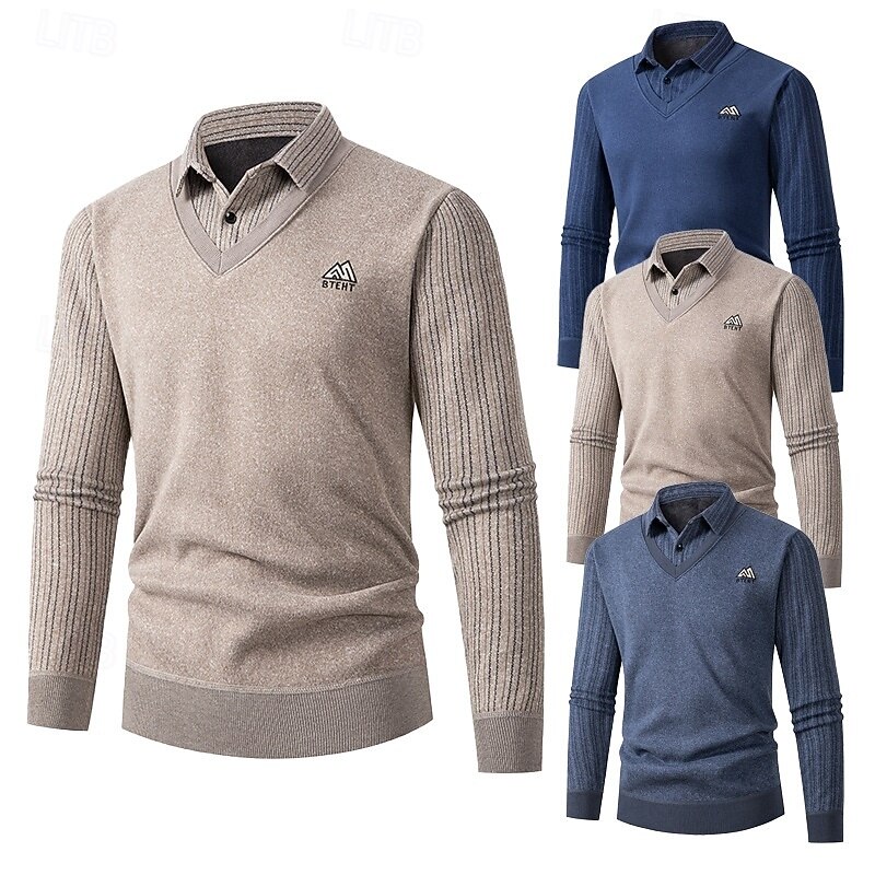 Men's Sweater Pullover Sweater Jumper Casual Sweater Ribbed Knit Regular Tops Knitted Slim Fit Plain Turndown Knitwear Contemporary Casual Daily Wear Clothing Apparel Fall Navy Blue Blue M L XL