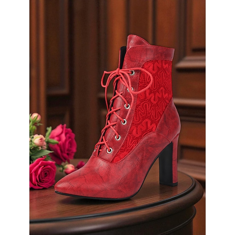 Women's Red Lace-Up High Heel Ankle Boots - Retro Chic Faux Leather and Lace Victorian Style Boots for Fall Outfits,Streetwear and Holiday Events