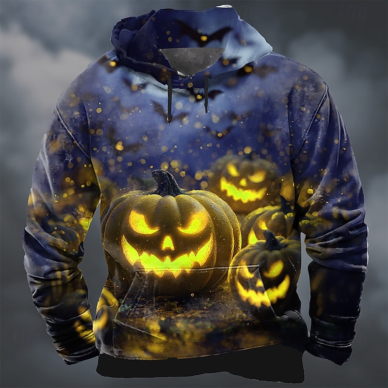Halloween Men's Pumpkin 3D Hoodie Sweatshirt Punk Exaggerated Long Sleeve Crew Neck Club Streetwear Yellow Orange Drawstring Fall Winter Designer2