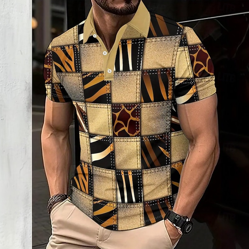 Men's Geometic Polo Short Sleeve Polo Shirts Collared Shirts Casual Athleisure 3D Print Buttons Summer Blue Brown Green3