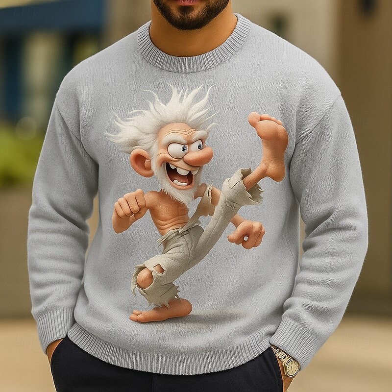 Men's 3D Cartoon Cartoon Character Pullover Sweater Jumper Knitwear Crewneck Casual Vacation Home Street 3D Print Knitting Keep Warm Long Sleeve Spring Fall Winter White Yellow Brown3