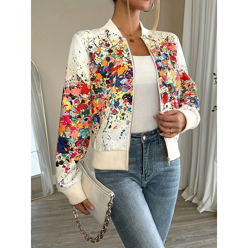 Women's Casual Jacket Warm Quick Dry Zipper Pocket Elegant Fashion Daily Simple Floral Vacation Casual Daily Holiday Baseball Collar Regular Fit Long Sleeve Outerwear Black White Pink Fall3