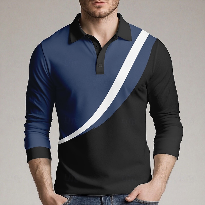 Men's Geometic Line Polo Long Sleeve Polo Shirts Collared Shirts Casual Outdoor Athleisure 3D Print Spring Fall Winter Blue Orange Green2