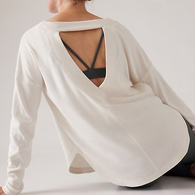 Women's Yoga Shirts Crew Neck Soft Breathable Backless Long Sleeve Sports Solid Color Top For Gym Running Fitness Activewear