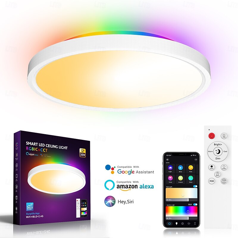 Smart RGB Ceiling Light LED 2700LM Works with Alexa 2700K-6500K Flush Mount Light Fixture DIY Colors WiFi Dimmable Low Profile Ambient Light Fixture for Bedroom Living Room Party