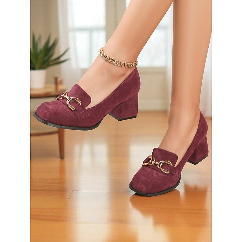Women's Burgundy Suede Block Heel Loafers - Square Toe Slip-On Dress Shoes with Gold Horsebit Detail, Classic Retro Style for Office Wear, Business Outfits and Fall Winter Casual Occasions2