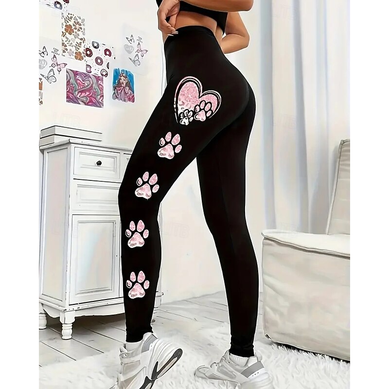 Women's Pants Trousers Leggings Cozy Leggings Streetwear Casual Full Length High Waist Heart Elastic Waist Print Breathability Comfortable Stretchy Vacation Street Daily Wear Black Summer Spring Fall4