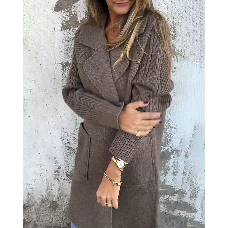 Women's Cardigan Casual Soft Solid Color Cable Shirt Collar Pocket Knitted Long Sleeve Long Tops Knit Daily Going out Weekend Black Red Fall2