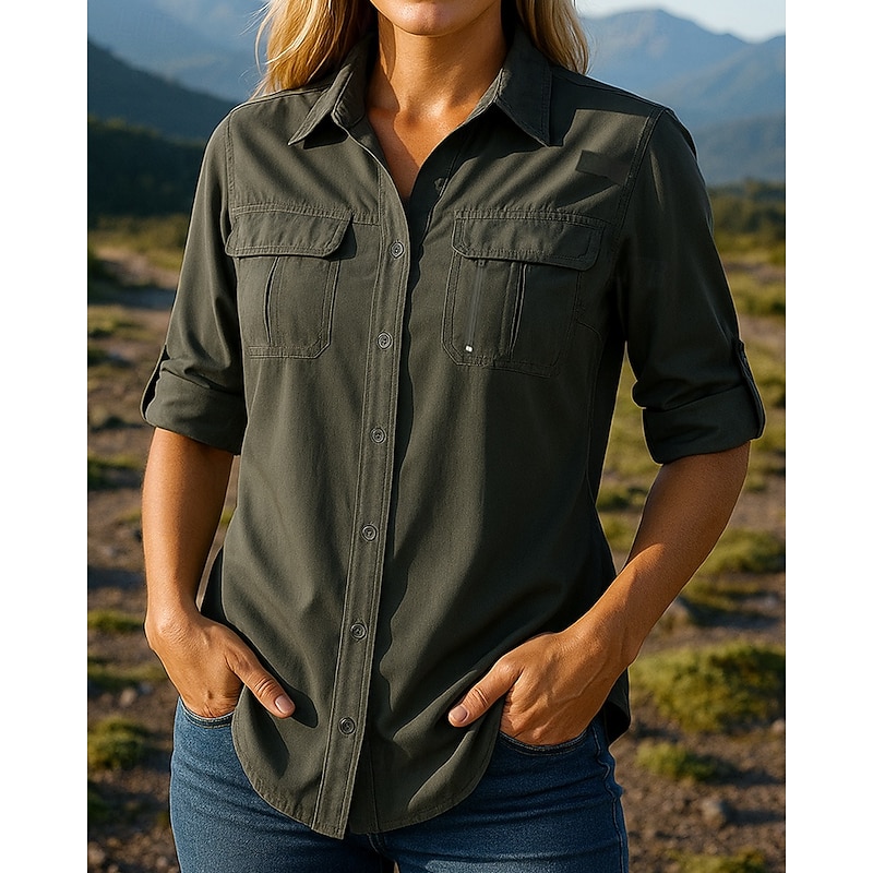 Women's Cargo Shirt Hiking top Long Sleeve Turndown Top Outdoor UV Sun Protection Quick Dry Breathable Polyester Black White Pink Tennis Golf Running4