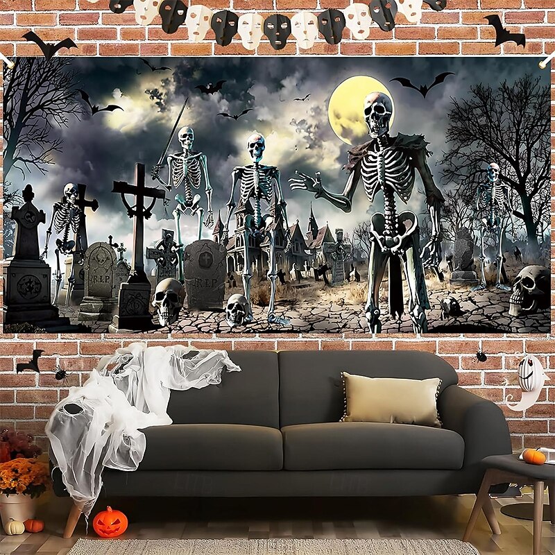 Halloween Garage Door Cover Large Hanging Backdrop Skeleton Cemetery Dark Punk Gothic Style Party Outdoor Shooting Backgrounds Yard Haunted House Home Decor2