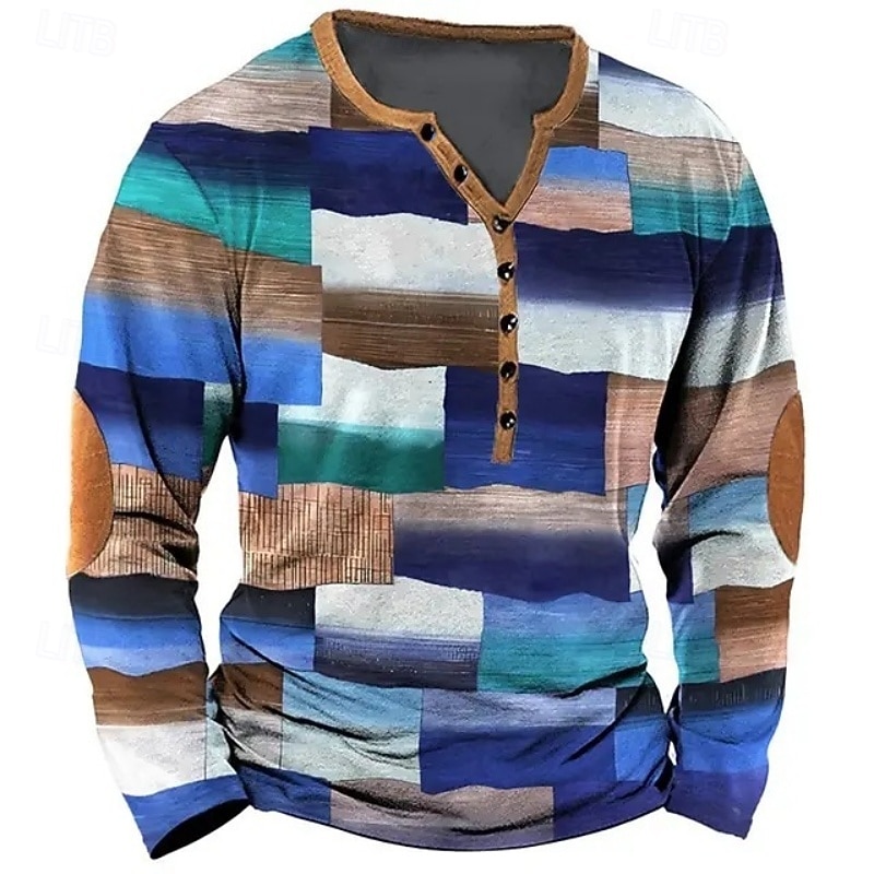 Men's Geometric Patchwork T Shirt Henley Shirt Tee Long Sleeve Vintage Designer Stylish Outdoor Casual Daily Spring & Summer All Seasons Green Blue khaki Henley Henley T-Shirt