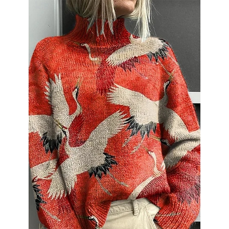 Women's Pullover Vacation Daily Floral Animal Ribbed Turtleneck Print Long Sleeve Regular Tops Knit Outdoor Daily Holiday Wine Red Fall Winter3